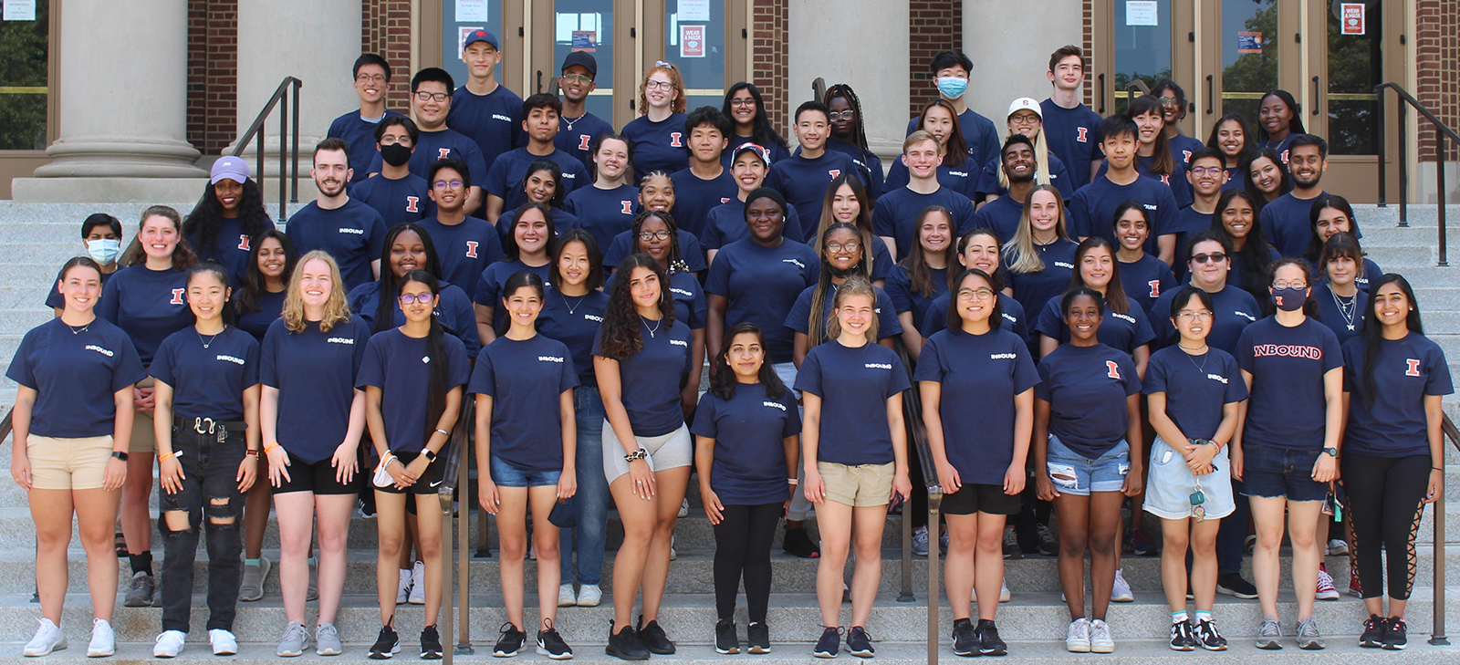 Group photo of 2021 Orientation Leaders on the Foellinger Auditorium stairs